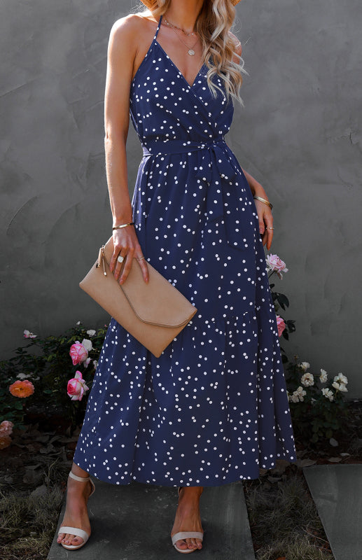 Ladies Summer Fashion V Neck Sling Polka Dot Dress Long Dress
