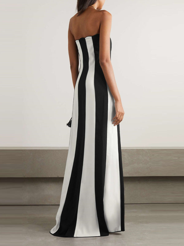 Strapless black and white striped party dress