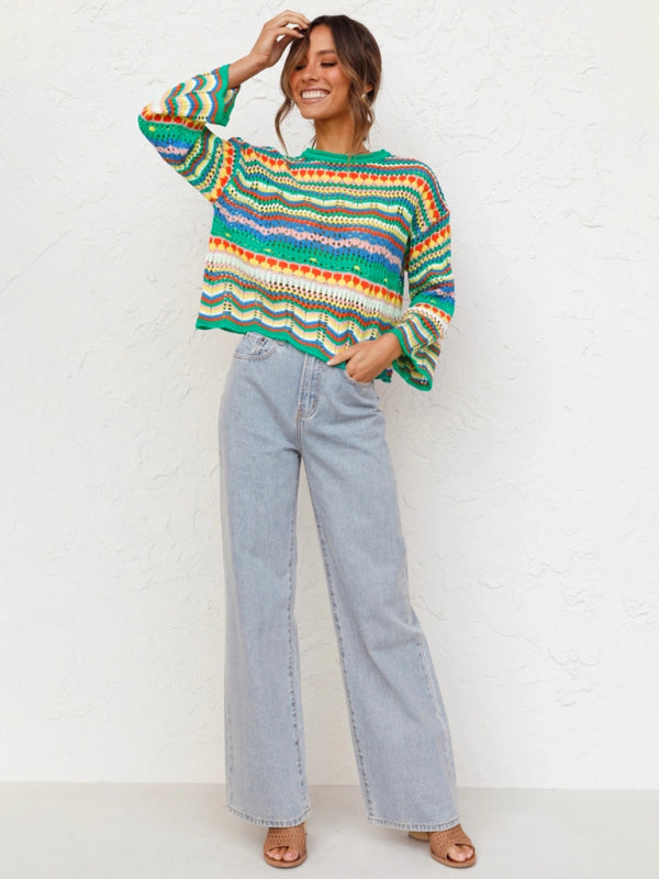 Splicing Knit Sweater Loose Intercolor Foreign Trade Round Neck Striped Sweater Women