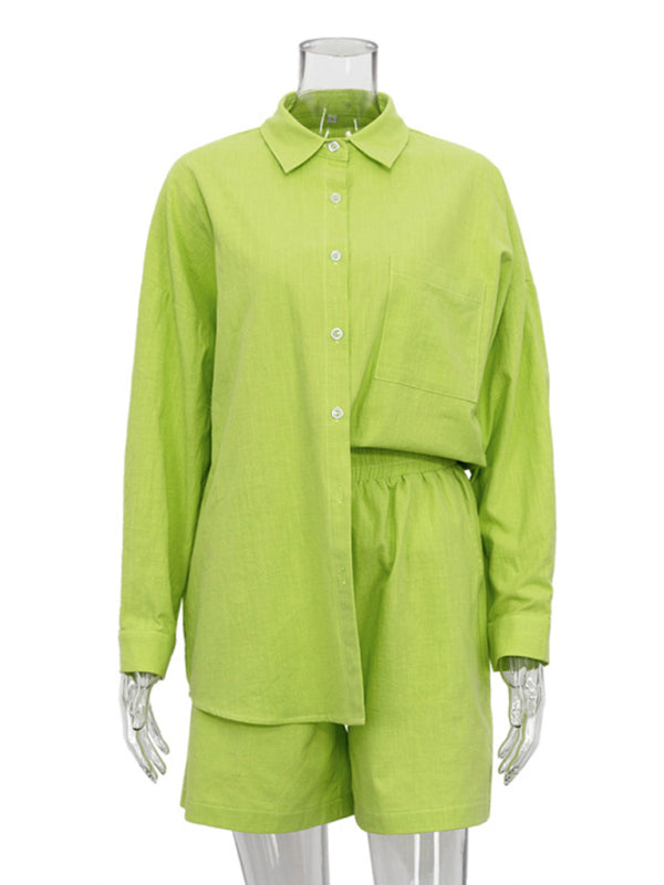 Solid Color Single Breasted Long Sleeve Lapel Shirt Shorts Loose Suit