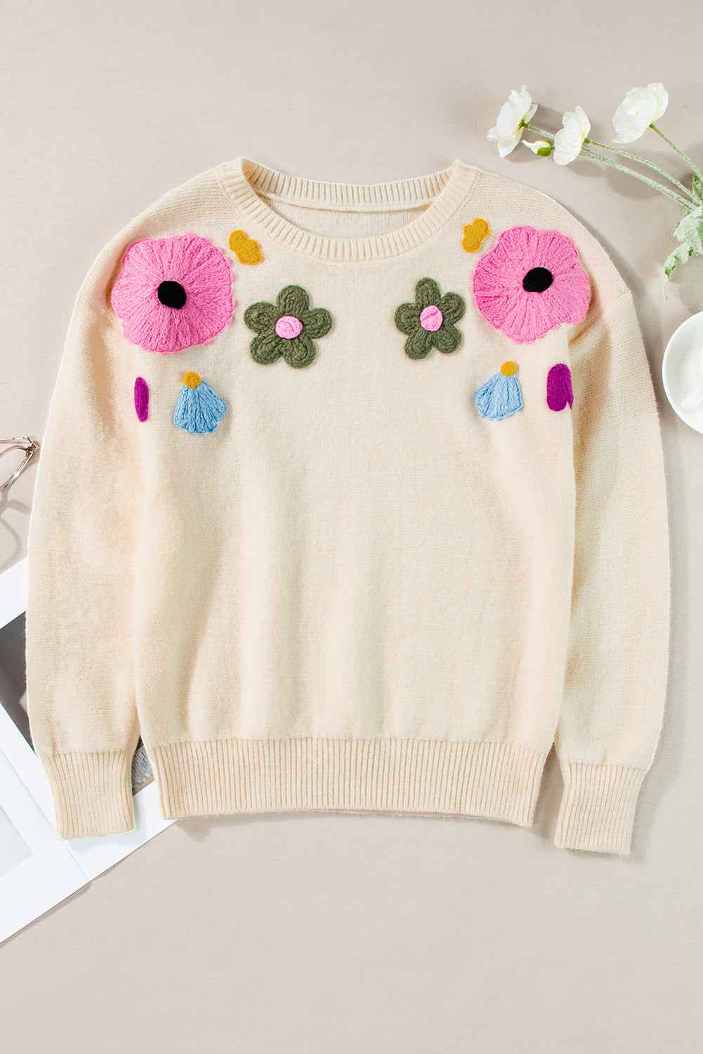 Pink Knitted Flower Pattern Ribbed Edge Sweater