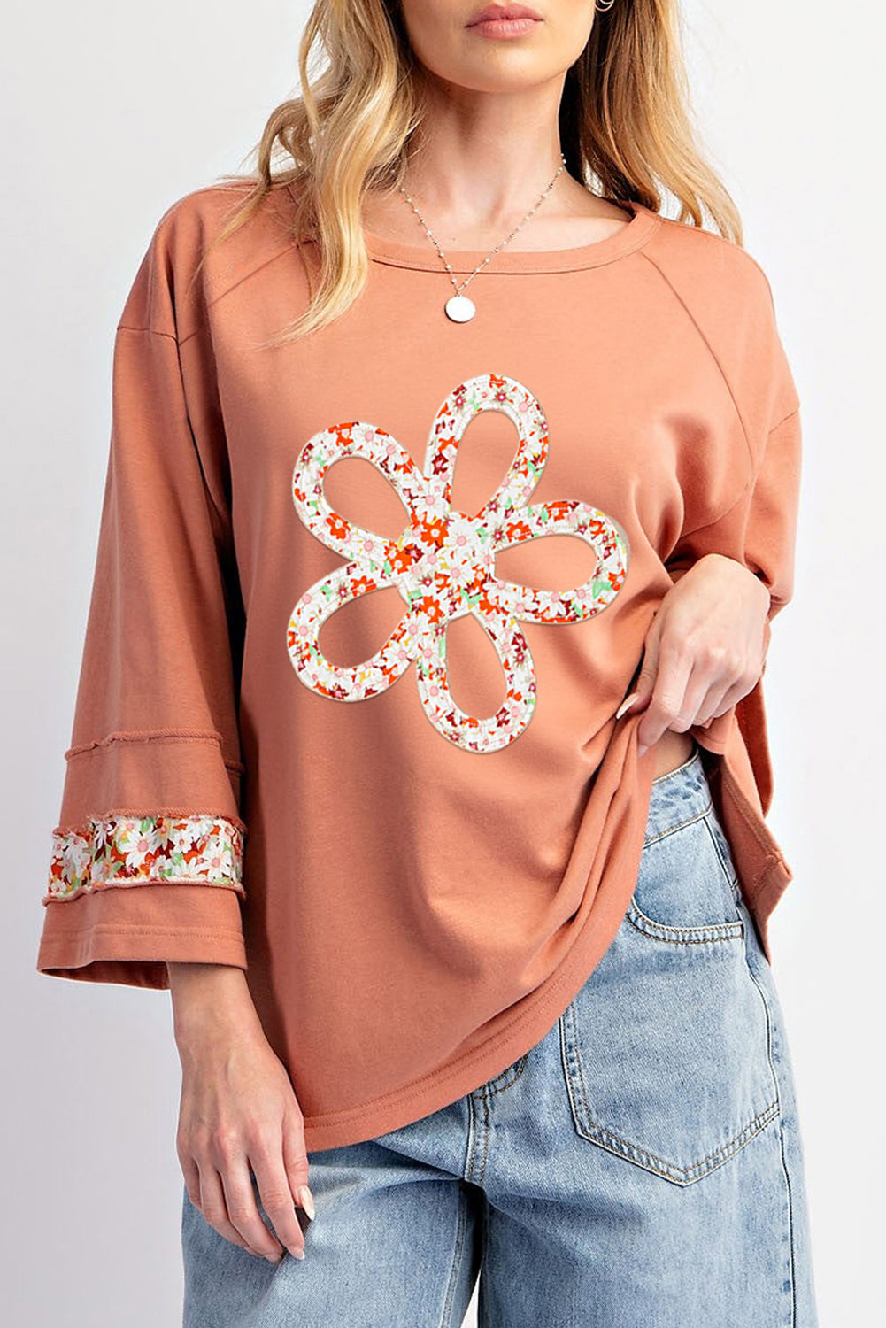 Grapefruit Orange Flower Patch Graphic Exposed Seam Wide Sleeve Top