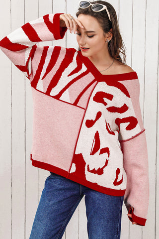 Mix Pattern Knit Ribbed Trim Oversize Sweater