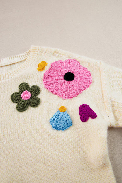 Pink Knitted Flower Pattern Ribbed Edge Sweater