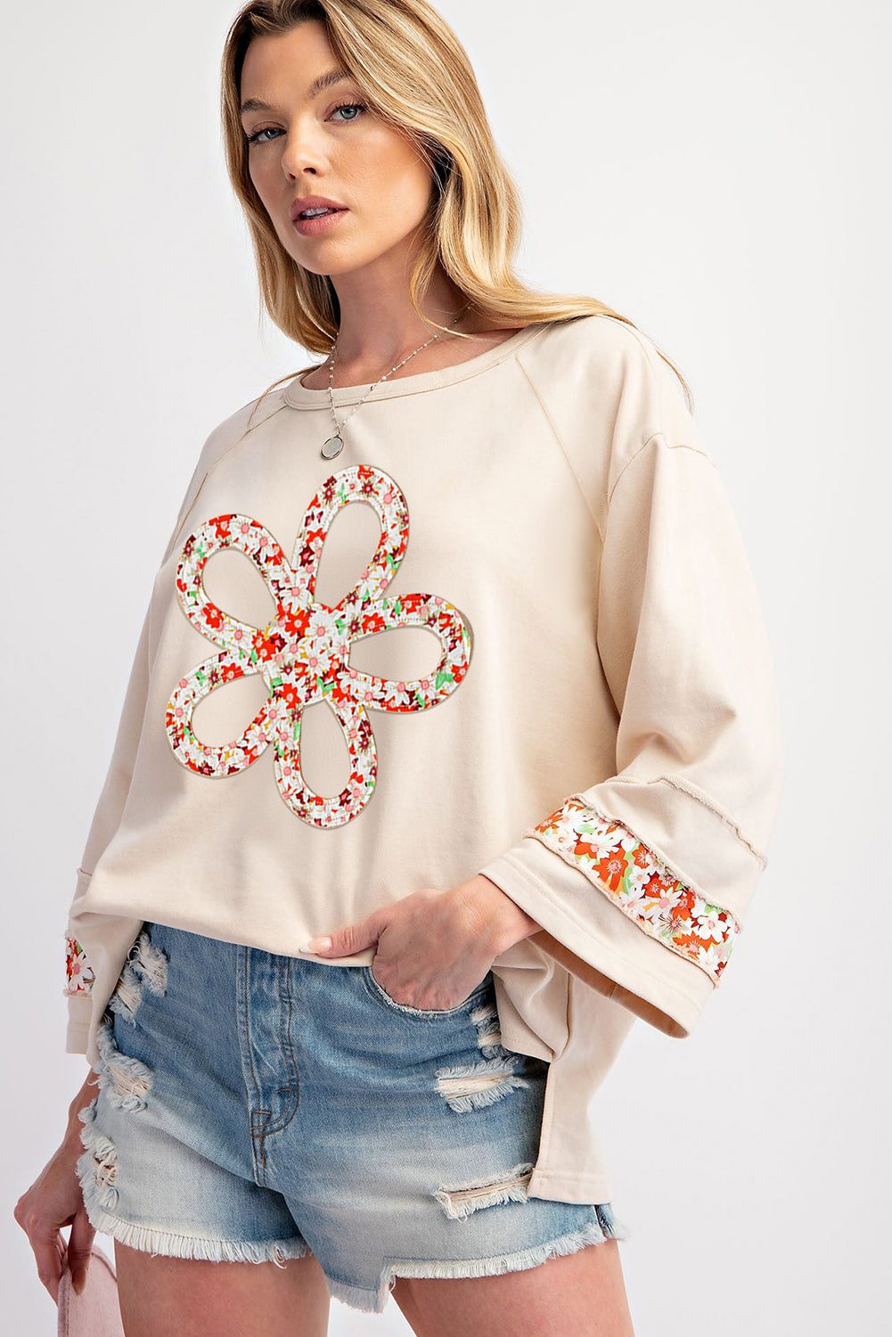 Grapefruit Orange Flower Patch Graphic Exposed Seam Wide Sleeve Top