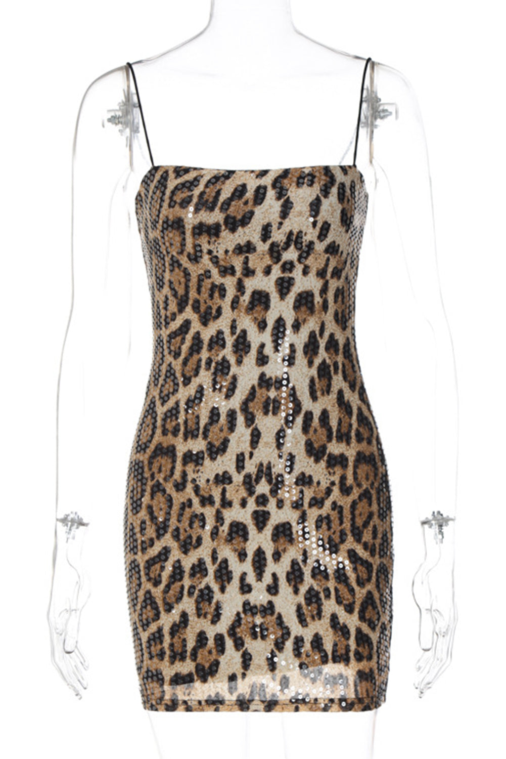 Khaki Sequin Leopard Print Spaghetti Strap Dress