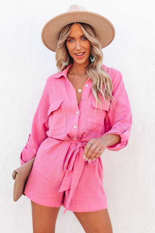 Roll Tab Sleeve Button Shirt Style Belted Romper