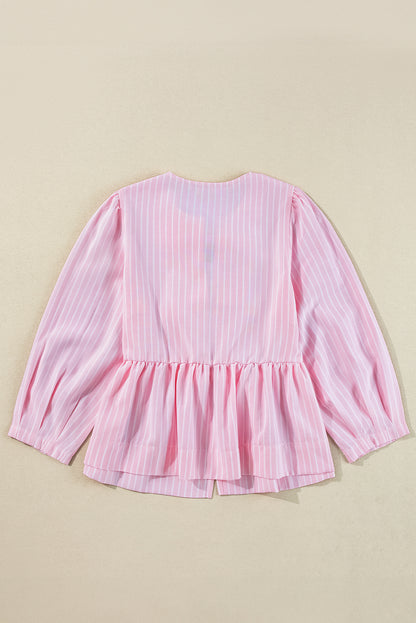 Pink Stripe Bowknot Front Crew Neck Puff Sleeve Blouse