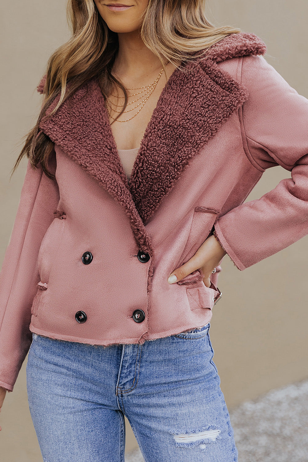 Plush Lining Suede Cropped Double Breasted Coat