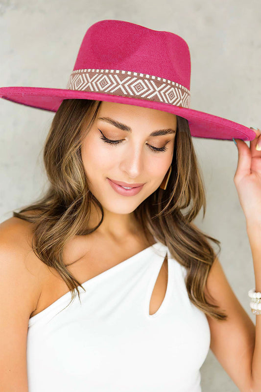 Rose Red Aztec Embroidery Retro Flat Fedora Hat