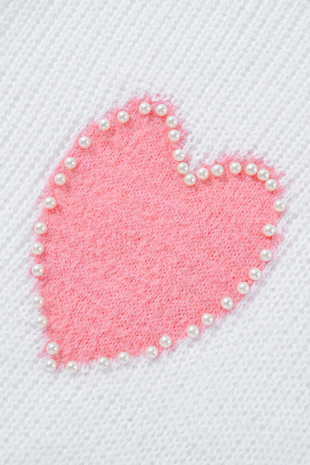 White Pearl Beaded Heart Pattern Fuzzy V Neck Sweater