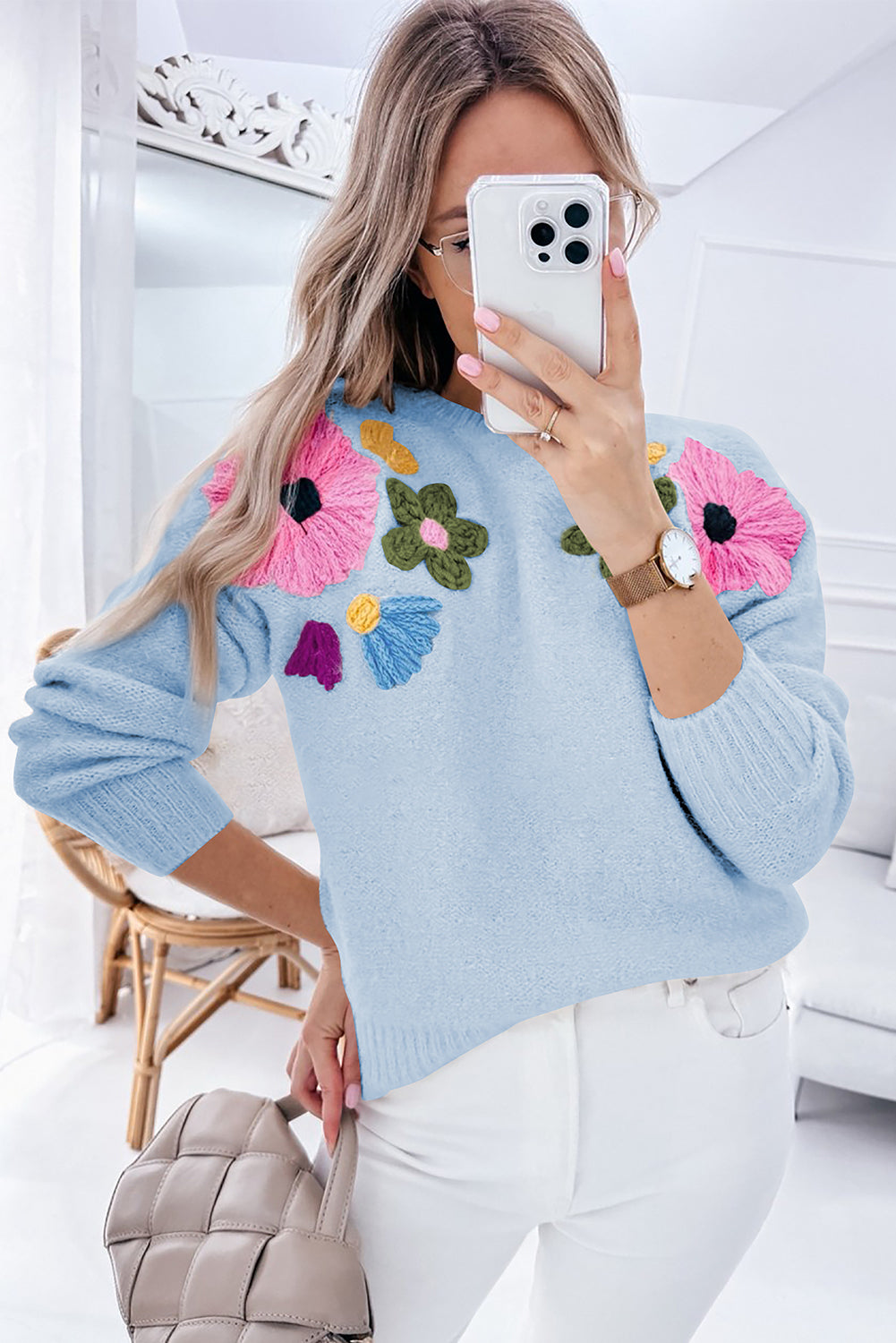 Pink Knitted Flower Pattern Ribbed Edge Sweater