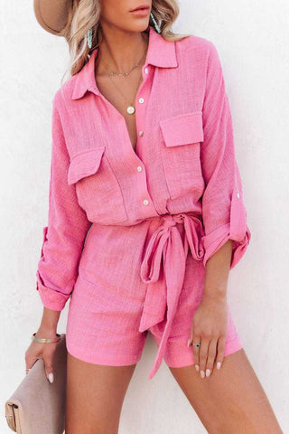 Roll Tab Sleeve Button Shirt Style Belted Romper