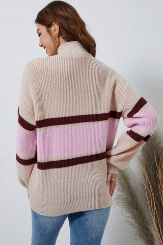 Striped Color Block Knit Zip Collared Sweater