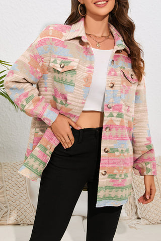 Multicolor Western Aztec Print Button Flap Pocket Shacket