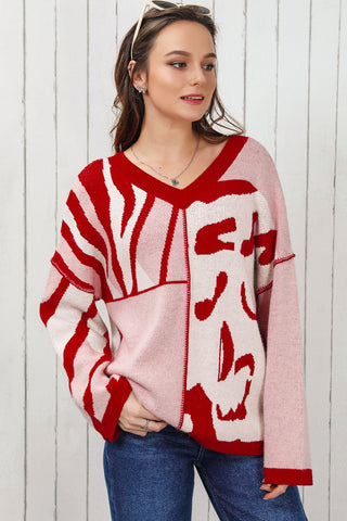 Mix Pattern Knit Ribbed Trim Oversize Sweater