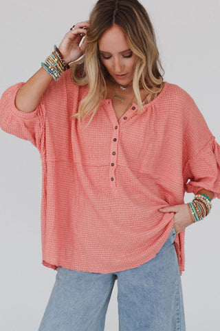 Waffled Bracelet Sleeve Oversized Henley Top