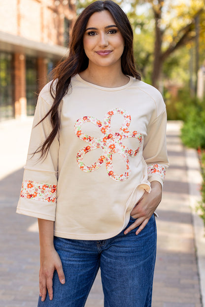 Grapefruit Orange Flower Patch Graphic Exposed Seam Wide Sleeve Top