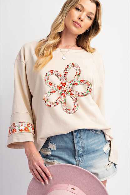 Grapefruit Orange Flower Patch Graphic Exposed Seam Wide Sleeve Top