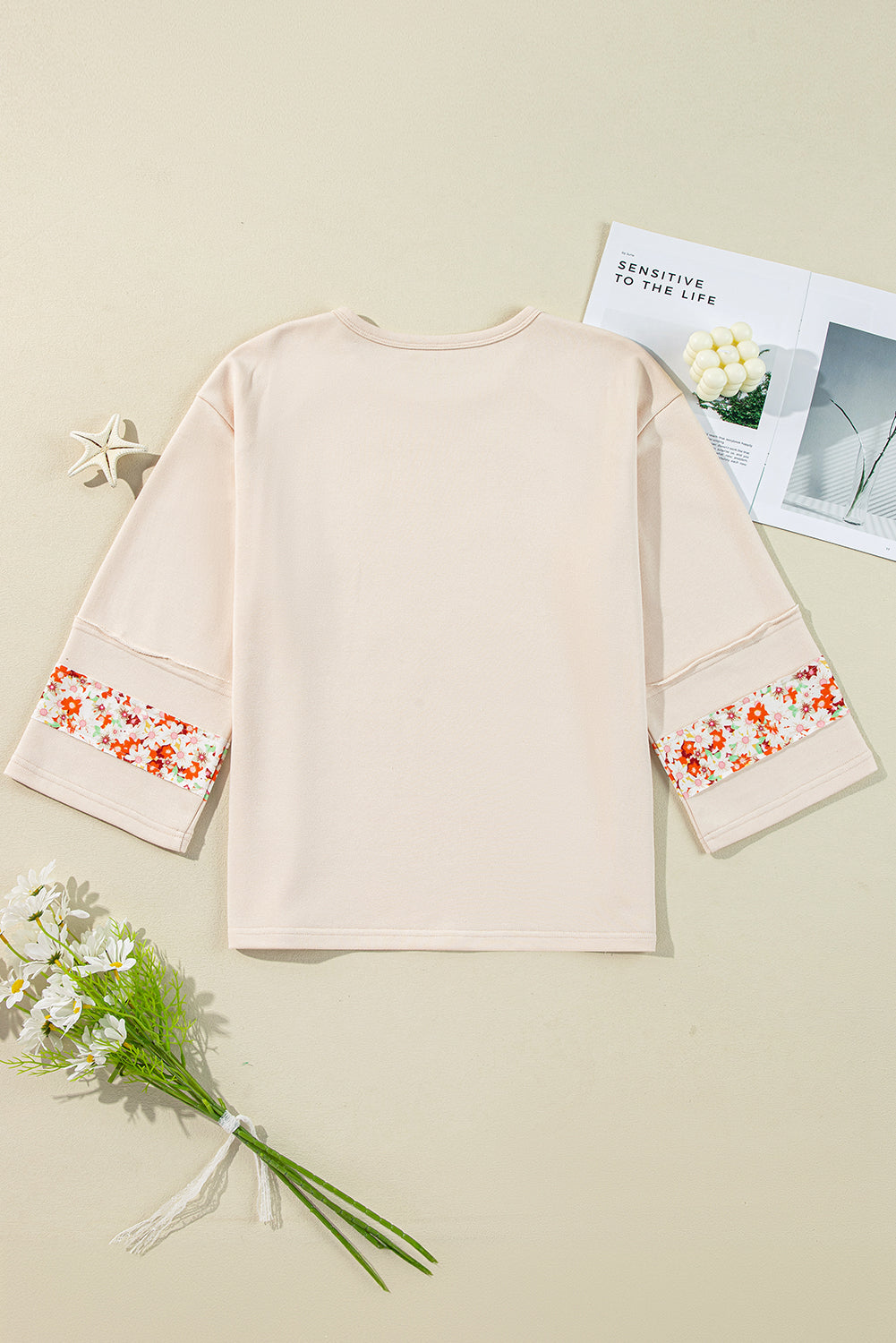 Grapefruit Orange Flower Patch Graphic Exposed Seam Wide Sleeve Top