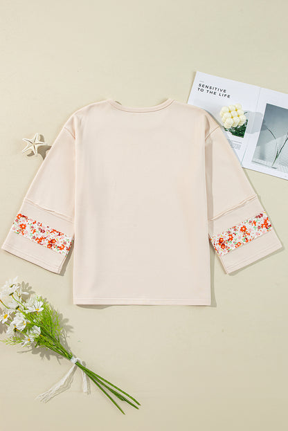 Grapefruit Orange Flower Patch Graphic Exposed Seam Wide Sleeve Top