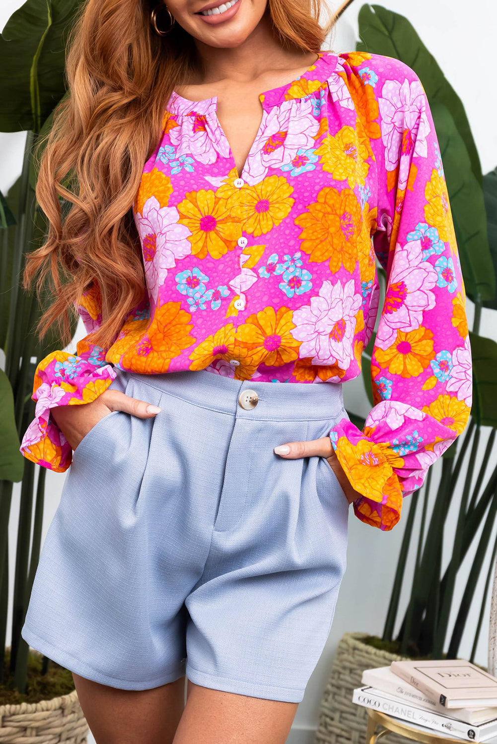 Rose Floral Print Flounce Sleeve Notched Neck Blouse