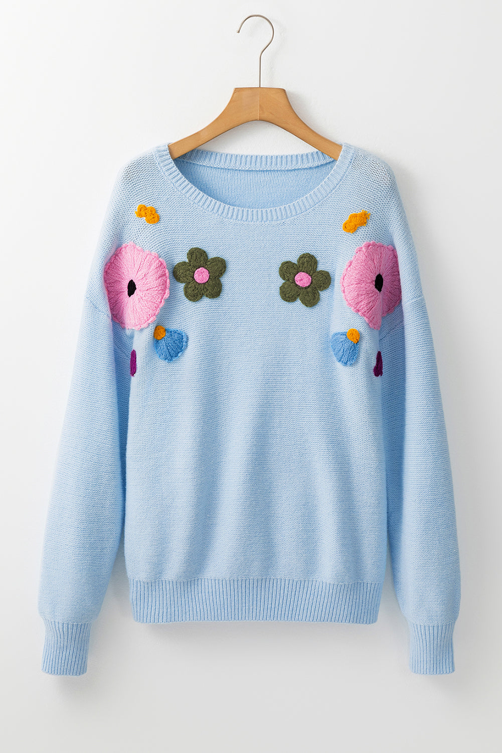 Pink Knitted Flower Pattern Ribbed Edge Sweater