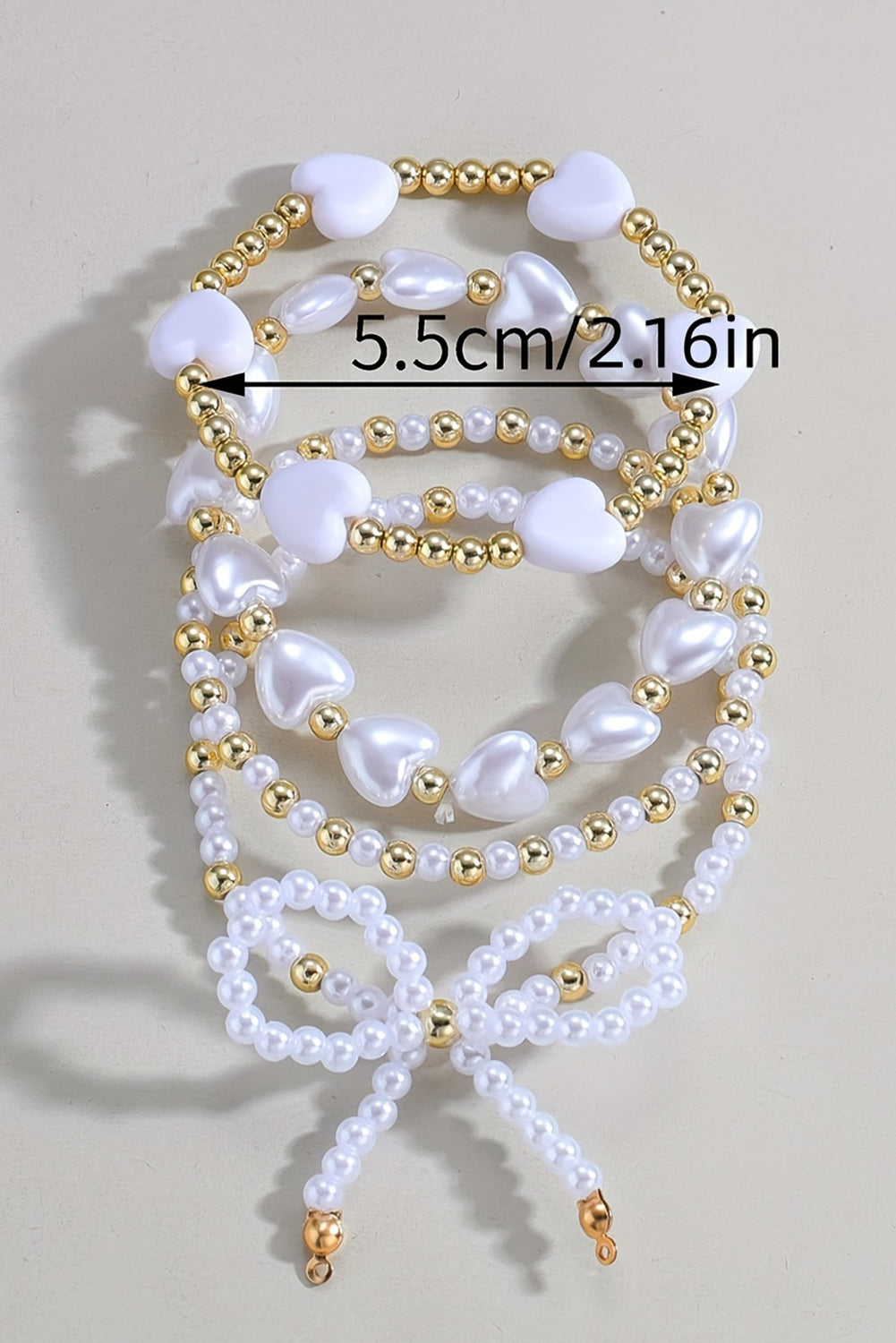 White Bow Knot Heart Shape Faux Pearl Beaded Bracelet Set