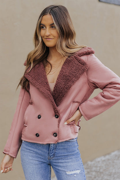 Plush Lining Suede Cropped Double Breasted Coat