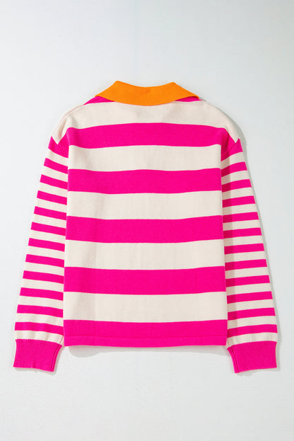 Rose Stripe Color Block Collared V Neck Drop Shoulder Sweater