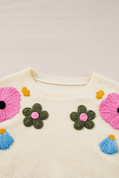 Pink Knitted Flower Pattern Ribbed Edge Sweater