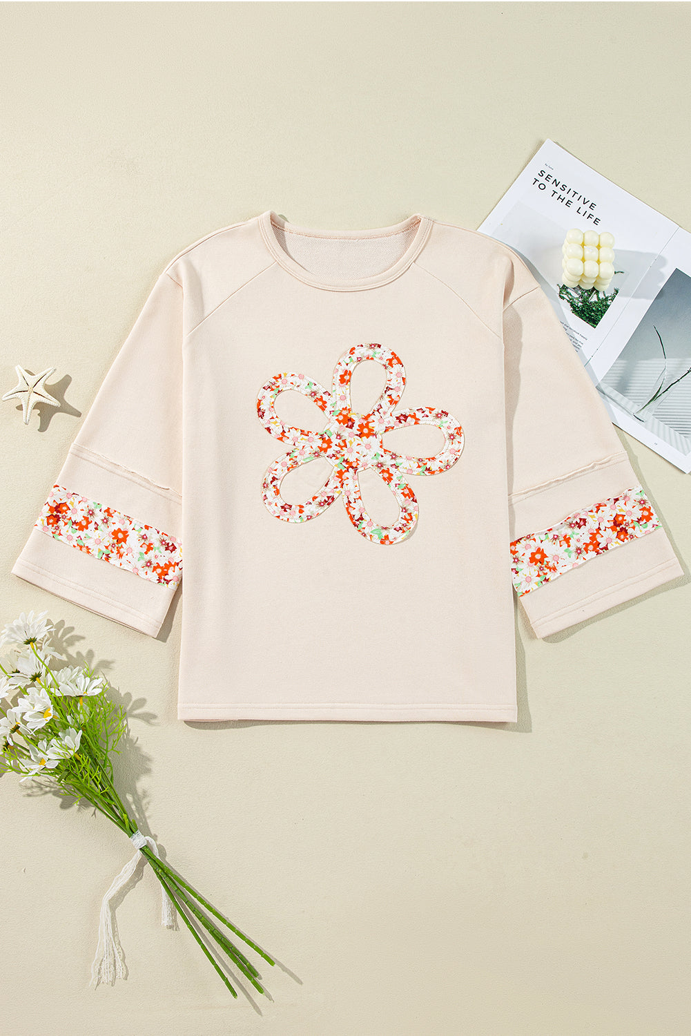 Grapefruit Orange Flower Patch Graphic Exposed Seam Wide Sleeve Top