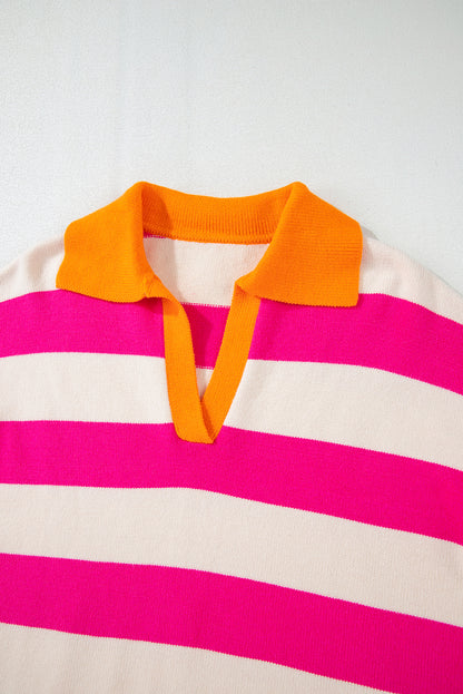 Rose Stripe Color Block Collared V Neck Drop Shoulder Sweater