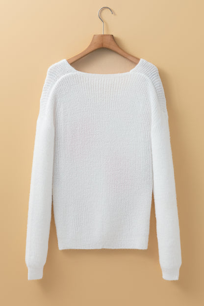 White Pearl Beaded Heart Pattern Fuzzy V Neck Sweater