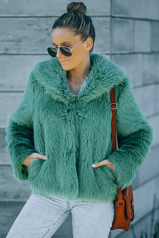 Collared Side Pockets Winter Fuzzy Coat