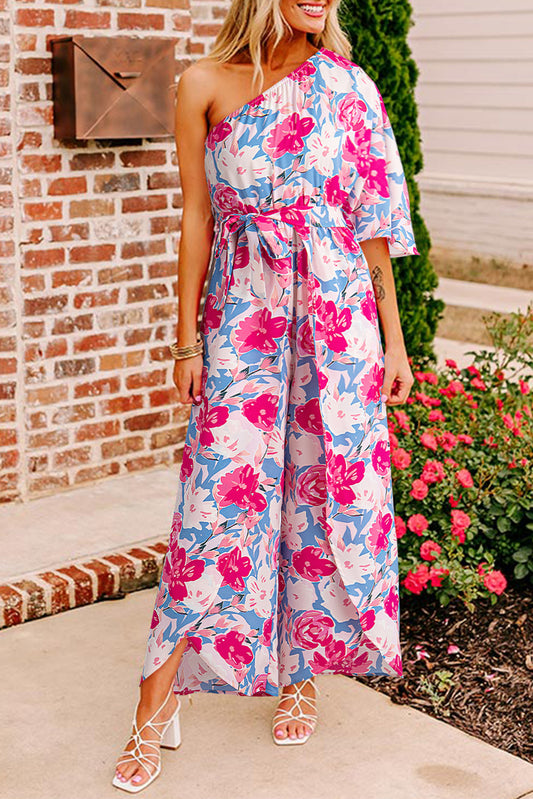 Pink Floral Print Asymmetrical Neckline Single Shoulder Drape Sleeve Belted Jumpsuit