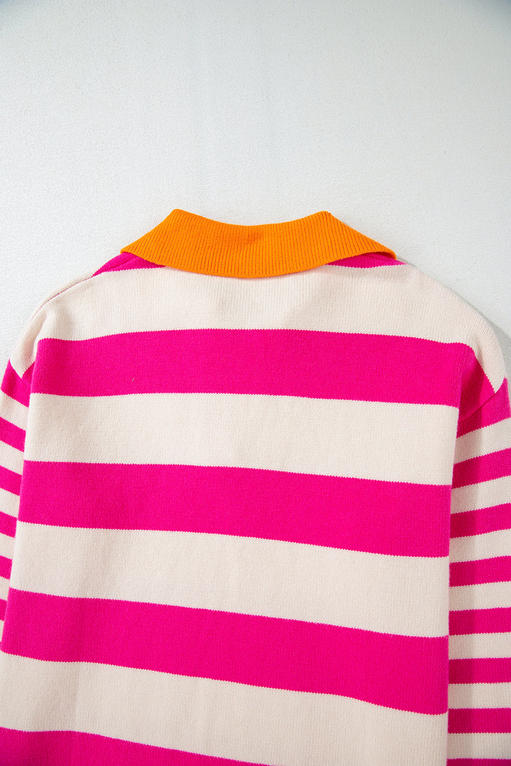 Rose Stripe Color Block Collared V Neck Drop Shoulder Sweater