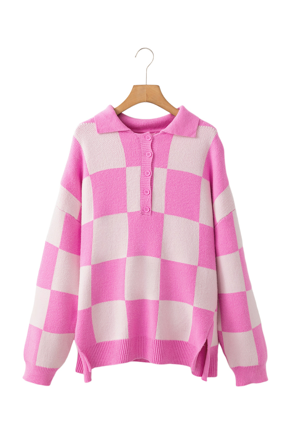 Pink Checkerboard Half Button Collared Drop Shoulder Sweater