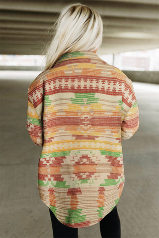 Multicolor Western Aztec Print Button Flap Pocket Shacket