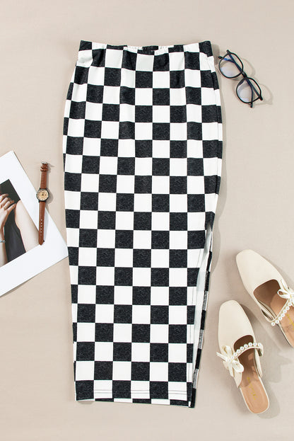 Rose Checkered Print Side Slit High Waist Midi Skirt