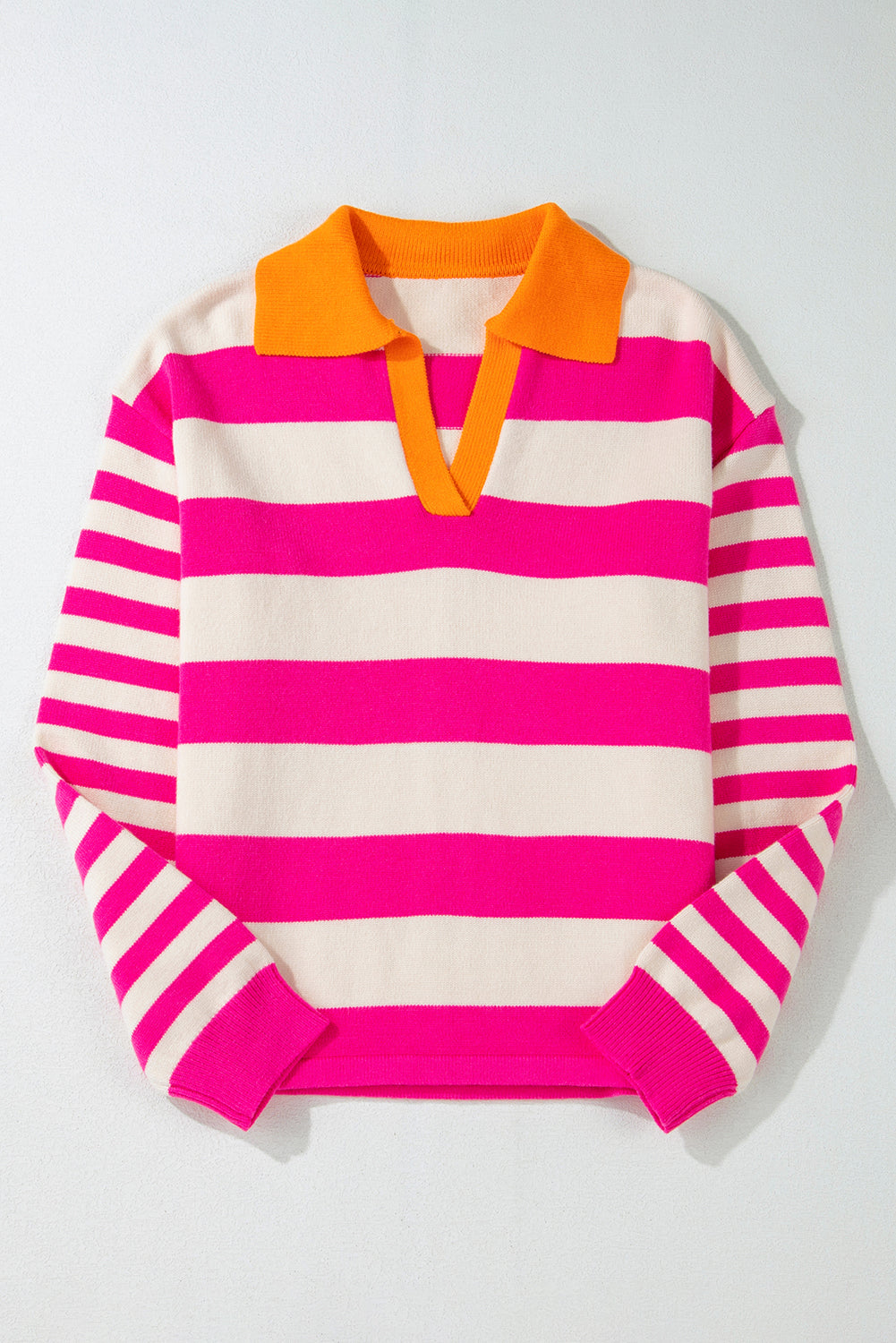 Rose Stripe Color Block Collared V Neck Drop Shoulder Sweater