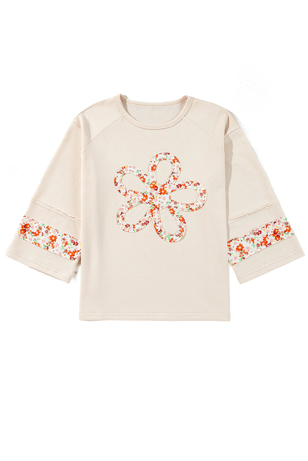 Grapefruit Orange Flower Patch Graphic Exposed Seam Wide Sleeve Top