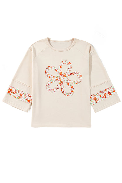 Grapefruit Orange Flower Patch Graphic Exposed Seam Wide Sleeve Top