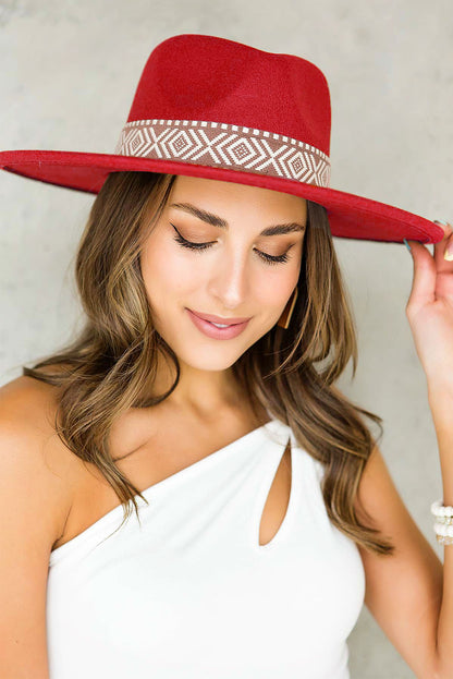 Rose Red Aztec Embroidery Retro Flat Fedora Hat