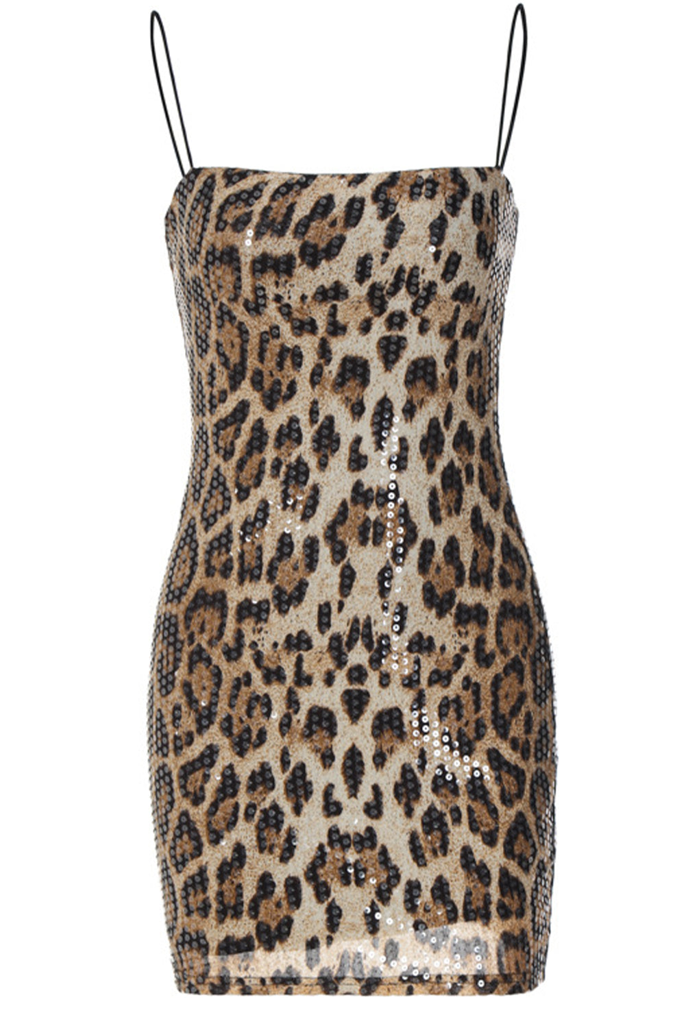 Khaki Sequin Leopard Print Spaghetti Strap Dress