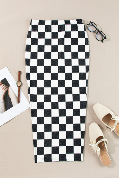 Rose Checkered Print Side Slit High Waist Midi Skirt