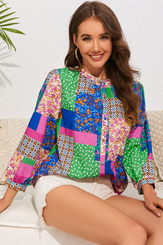 Multicolor Floral Patchwork Print Buttoned Puff Sleeve Shirt