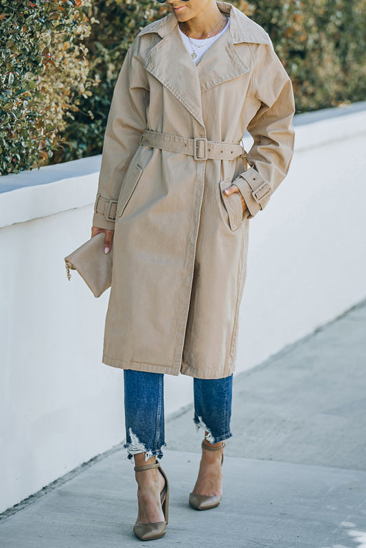 Khaki Runway Style Belted Long Trench Coat