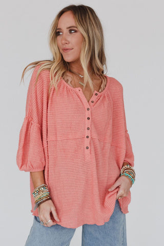 Waffled Bracelet Sleeve Oversized Henley Top