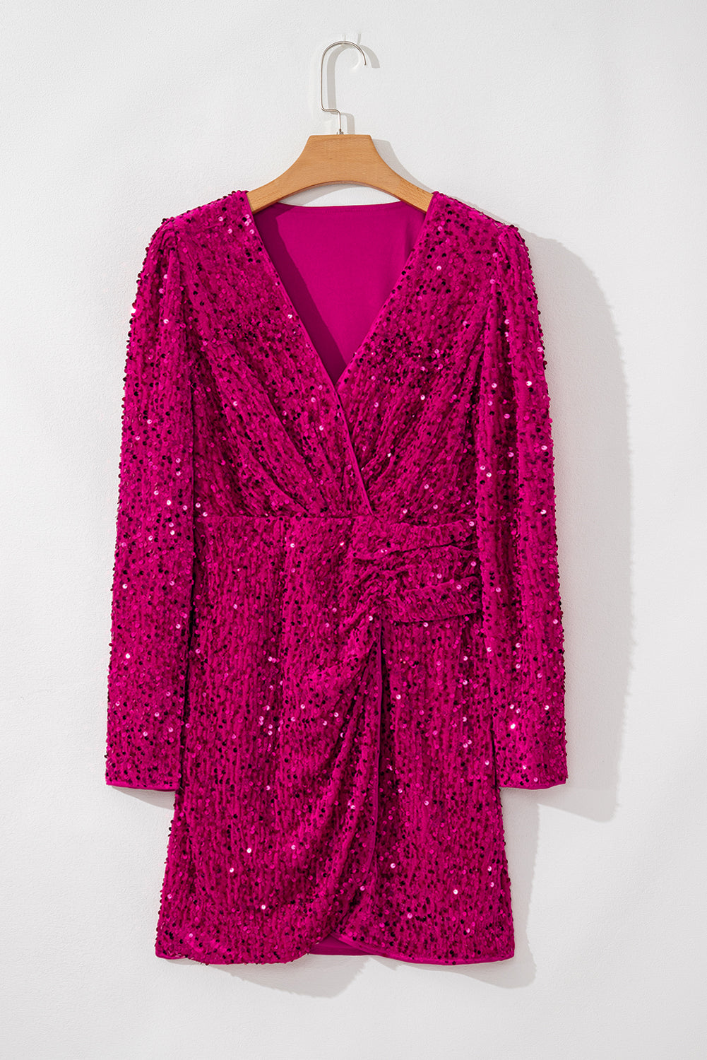 Pitaya Pink Velvet Sequin Long Sleeve V Neck Wrapped Mini Dress